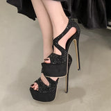Yeknu  Diamond Peep Toe Sandals Woman Stiletto High Heels Zipper Shoes Sexy Nightclub Striptease Pumps
