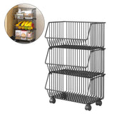 Yeknu  3 Tier Fruit Basket for Kitchen Storage Cart Stackable Metal Wire Storage Basket Snacks Organizer Baskets with Rolling Wheels