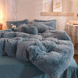 Yeknu  Winter Warm Long Plush Pink Bedding Set Queen Mink Velvet Double Duvet Cover Set with Fitted Sheet Warmth Quilt Covers