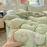Yeknu  Floral Printed A-Class Ultra-Soft 100% Knitted Double Layer Yarn Bedding Set - 3/4 Pcs Student Dorm Fitted Sheet
