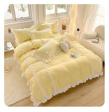 Yeknu Korean Princess Style Bedding Sets Ins Lace Bowknot Duvet Cover Fitted Sheet For Girl Woman Home Bedroom Kawaii Bed Linens
