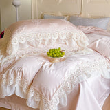 Yeknu Vintage Jacquard Lace Ruffles Wedding Bedding Set Lyocell Cotton Soft Silky Duvet Cover Set Bed Sheet Fitted Sheet Pillowcases