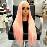 Yeknu  Light Pink Long Silky Straight Wig 13x4 Lace Front Synthetic Hair Wigs for Women Natural Hairline Daily Use Cosplay Party