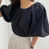 Yeknu  Summer Pullover T-Shirts Tops Women Korean Style Loose Lantern Short Sleeve Ladies Blouses Bow Fashion Ruffle Pleated Woman Tops