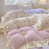 Yeknu  4pcs  Korean lace Duvet Cover Set (1*Duvet Cover + 2*Pillowcase, bed sheet), Pink checkered print Bedding Set