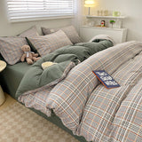 Yeknu  Nordic Plaid Pattern Wash Cotton Bedding Set Duvet Cover Pillowcase Bed Sheet Set Comforter Cover Bed Linens Set Queen King Size