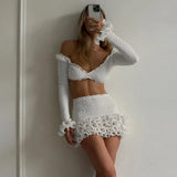 Yeknu  Women's Sexy Mini Skirt Two-piece Set Strappy Cardigan Top Ruffle Layered Mini Skirt White