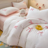 Yeknu  3 Piece Sheet Set  pink bowknot embroidery duvet cover Set ， comfortable Bedding Set Bedspread for All Season