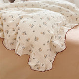 Yeknu INS Princess Ruffle Edge Gauze 100% Cotton Pillow Case Breathable Duvet Cover Without Filler 3PCS Floral Home Bedding Set