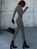 Yeknu Elegant 2024 Spring Zip-up Long Sleeve Jumpsuit Women One Piece Sports Fitness Overalls Streetwear Skinny Bodysuits Black Gray