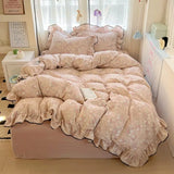 Yeknu  new cream lace girl powder grid Korean version bed four-piece set washed cotton double-layer yarn quilt cover dormitory