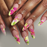 Yeknu  24Pcs Short Almond Press-On Nails Pink Floral French Tip Glossy&Elegant Full Cover Fake Nails for Women&Girls Spring,Daily Wear