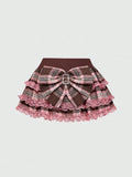 Yeknu  J-Fashion Y2K Gyaru Himekaji Harajuku Lolita Oversized Bowknot Low Waist Lace Frilled Plaid Mini Skirt For Women
