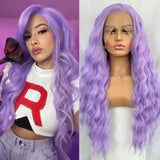 Yeknu  Light Purple Curly Lace Front Wigs for Women Syntheitc Hair Free Part Long Natural Wavy Lavender Colored 13X4 Frontal Party Wigs