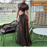 Yeknu  Women Ruched Cutout Maxi Dress Solid Mesh Yoke High Neck Evening Elegant Women Vestido Fashion Glamorous Lady Party Gown
