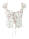 Yeknu  Summer Puff Sleeve French Floral Printed Shirts Elastic Back Sexy Crop Tops Slim Short Top