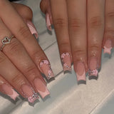 Yeknu 24Pcs Mid-length French Pink Square Head Press on False Nails Flash Drill Wearable Finished Manicure Full Cover Nail Tips