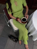 Yeknu  Summer Elegant Bodycon Knitted Dress Women Modis Short Sleeve Slim Ladies Knit Dresses Sexy Hollow Out Woman Long Dress