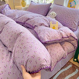 Yeknu Ins Bedding Set Purple Love Stripe Double Layer Yarn Four Piece Dormitory Girl Heart Bed Sheet And Quilt Set Washed Cotton