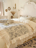 Yeknu  Romantic French Country Style Bedding Set - 100% Cotton Floral Print, Lace Embroidered Duvet Cover with Detachable Skirt