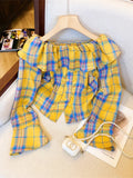 Yeknu  Women Red Plaid Shirts and Blouses Y2k Vintage Harajuku 2000s Elegant Peter Pan Collar Long Sleeve Slash Neck Shirt Clothes