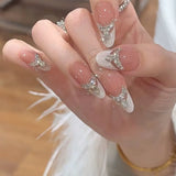 Yeknu  10Pcs Handmade Press On Nails Nude Pink French Tip with V-Shaped Medium Almond False Nails with Sparkling Crystal Fake Nail