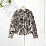 Yeknu  Autumn Winter Chic Leopard Print Crop Jacket Women Modern O-neck Single Breasted Full Sleeve Coat Female Outwears New
