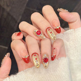 Yeknu  10Pcs Glitter Gold Sequins False Nails with Red Edge French Handmade Press on Nails Shiny Rhinestone Decor Fake Nails For Women