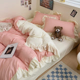 Yeknu Ins Princess Bedding Set 2024 New Duvet Cover Fresh Blue Solid Color Floral Wrinkled Yann Bed Set Of Four Pieces Bed Sheets