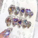 Yeknu  Gradient Blue Fake Nails with Flower Crystal Design Glitter Fake Nails for Lady Girls Christmas Gifts Artificial Nails Handmade