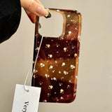 Yeknu  Retro Amber Texture Laser Phone Case For iPhone 11 12 13 14 15 16 Pro Max XS X XR 7 8 Plus 16E SE Flower Pattern Cover