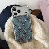 Yeknu  Blue Brown Diamond Plaid Grid Star Phone Case For iPhone 17 16 15 14 Pro Max 13 Case Luxury Silver Edge Protective Back Cover