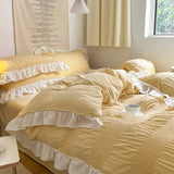 Yeknu Ins Style Korean Bedding Set Lace Seersucker 4-piece Bed Sheet Set Quilt Cover Solid Duvet Cover For Girl Spring Decor Home