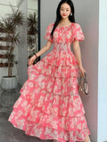 Yeknu  Retro Floral Print Chiffon Dress Women Summer Bubble Short Sleeve Slim Holiday Boho Dresses Multi-layered Ruffle Long Cake Dress