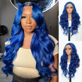 Yeknu  Dark Blue Wig Blue Lace Front Wig Pre Plucked Long Body Wave 13x4 Lace Wig Navy Blue Colored Synthetic Lace Front Wig 26 Inch
