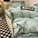 Ins Princess Style Ruffle Trim Duvet Cover Set - Washed Cotton Korean-Style Minimalist Sheet 4-Piece/3-Piece Bedding for Girls