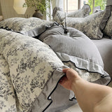 Yeknu  4-pcs Set with Linen Touch, Pure Polyester Material Ruffled Romantic Bow Design Girl Woman Bedroom Bedding Set Colored Flowers