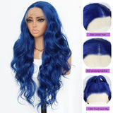 Yeknu  Dark Blue Wig Blue Lace Front Wig Pre Plucked Long Body Wave 13x4 Lace Wig Navy Blue Colored Synthetic Lace Front Wig 26 Inch