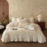 Yeknu  Vintage Rose Carved Velvet Lace Ruffles Bedding Set Double-sided Velvet Winter Duvet Cover Flat/Fitted Bed Sheet Pillowcase 4Pcs