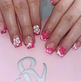 Yeknu  24Pcs Short Almond Press-On Nails Pink Floral French Tip Glossy&Elegant Full Cover Fake Nails for Women&Girls Spring,Daily Wear