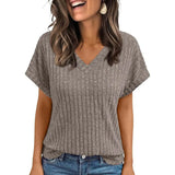 Yeknu  Women's Clothing Europe America All-match Knit T-shirt Summer New Casual Loose V-neck Short Sleeve Pullover Lady Solid Tops