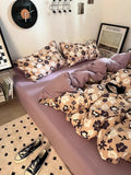 Yeknu Korean Style Ins Retro Fresh Floral Washed Cotton Bed Four Piece Duvet Set, Student Dormitory Bed Sheet Three Piece Set