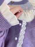 Yeknu  Women Purple Knit Cardigan Luxury Sweater Harajuku Vintage Korean Y2k Lace Patchwork Cashmere Sweater Jumper 2000s Clothes