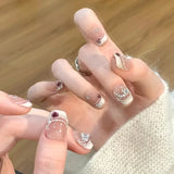 Yeknu  10Pcs Nude Short Ladder Handcrafted Press-On Nails Elegant White French Tip Edges with Diamond&Pearl Accents for Daily Nail Art