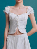 Yeknu  Summer Puff Sleeve French Floral Printed Shirts Elastic Back Sexy Crop Tops Slim Short Top