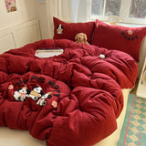 Yeknu Solid Colour embroidery Bedding Set For adults kids Ankela Red Red Flat Sheet With Pillowcases Colorful King Queen Full size