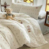 Yeknu  Soft washable four-piece set embroidered cartoon cute quilt cover sleeping naked student dormitory three-piece set