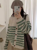 Yeknu  Autumn Green Striped Cardigan Knitted Sweater Women Casual Long Sleeve Ladies Cardigans Tops Korean Style Woman Sweaters Coat