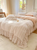 Yeknu  Premium 100% Cotton Bedding 4Pcs Set, Elegant Ins French Plaid Cotton Bed Skirt Bed Sheet Quilt Cover, Ruffle Edge Duvet Covers