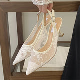 Yeknu  New Design Embroidery Breathable Mesh Pointed Toe Women Pumps Elegant Slingbacks Thin Heels Buckle Strap Shoes
